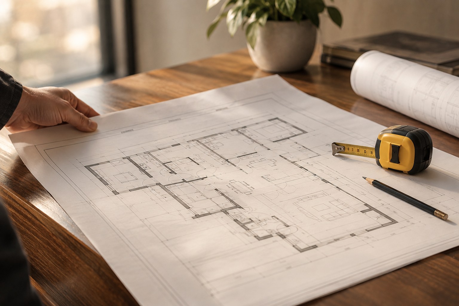 Planos arquitectónicos con cinta métrica sobre escritorio, avalúo de inmueble